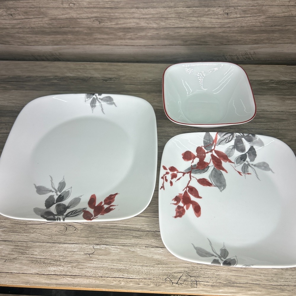 Corelle Vitrelle Kyoto White Red Gray Leaves Square Plate Bowl Replacement
